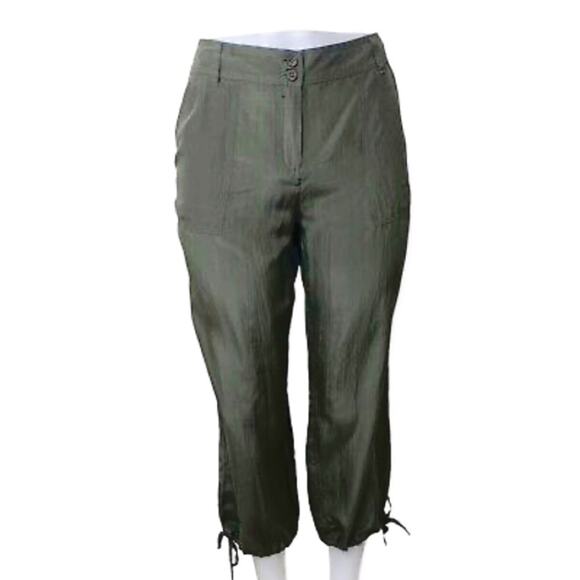 Tommy Bahama Olive 100% Silk Drawstring Hem Cropped Trousers Size 6 - Picture 1 of 7